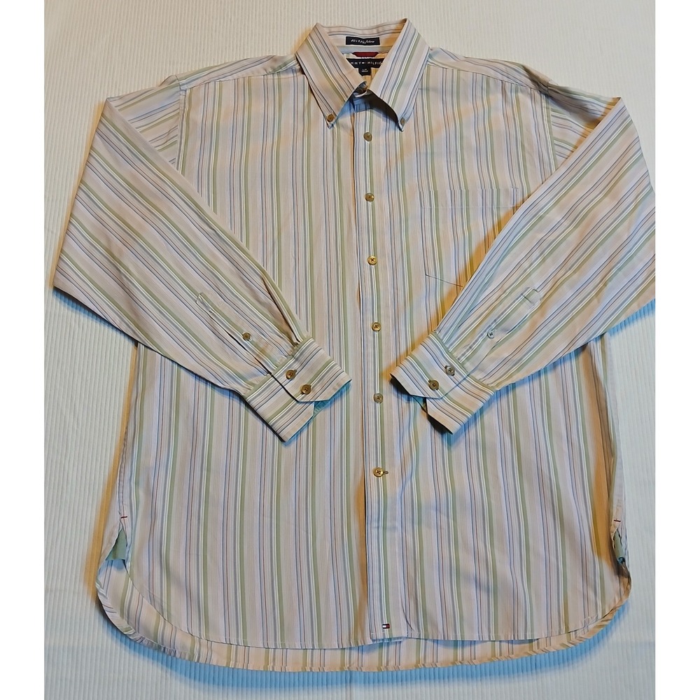 Vintage Tommy Hilfiger Mens Large Striped Button Down Shirt 80s 2-Ply Cotton